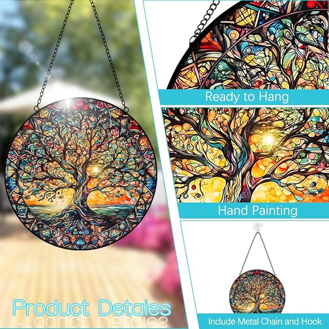 Tree of Life Suncatcher Stained Glass Window Hanging - 8″ Handmade Sun Catchers Indoor Window Catcher Suncatchers for Windows Garden -Wall Art Home Decor Panel Mothers Day Birthday Gift for Mom Women
