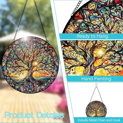 Tree of Life Suncatcher Stained Glass Window Hanging - 8″ Handmade Sun Catchers Indoor Window Catcher Suncatchers for Windows Garden -Wall Art Home Decor Panel Mothers Day Birthday Gift for Mom Women