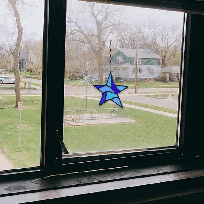 Blue Star Decoration Stained Glass Window Hanging,Glass Star Suncatcher for Living Room Bedroom Bathroom Kitchen, Birthday Gift for Boy Men Party