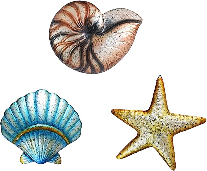 Weibefee 3 Pcs Metal Beach Wall Decor Sea Star Shell Conch Metal Mother's Day Decor Ocean Theme Marine Coastal Bathroom Mother's Day Decorations Gift Rustic Cottage Nautical Wall Art for Office Home Living Room Nursery Room