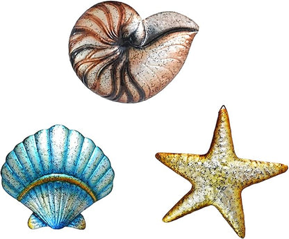 Weibefee 3 Pcs Metal Beach Wall Decor Sea Star Shell Conch Metal Mother's Day Decor Ocean Theme Marine Coastal Bathroom Mother's Day Decorations Gift Rustic Cottage Nautical Wall Art for Office Home Living Room Nursery Room