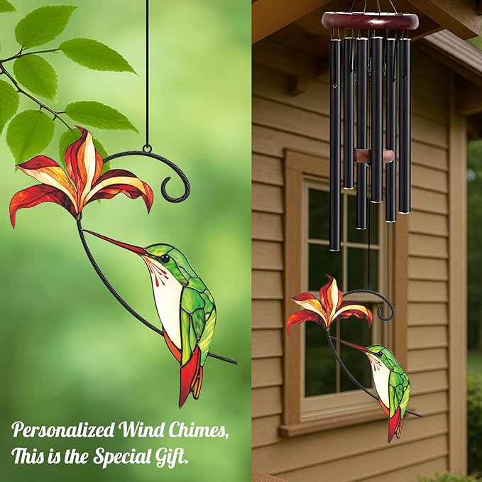 Personalized Metal Wind Chime Garden Sign, 40 Inch Outdoor Colorful Bird & Flower Memorial Decor, Yard Hanging Plaque for Patio Porch Lawn (JSTY370)