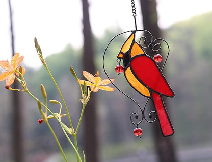 Red Cardinal Decor Stained Glass Window Hanging,Bird Ornaments Suncatcher for Window,Cardinal Gifts for Grandma,Mom, Sympathy Grief Memorial Gift (Red)