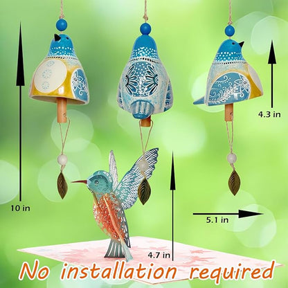 Handmade Ceramic Bird Wind Chime with 3D Pop Up Card | Spring Easter, Soothing Melody for Outdoor Patio & Indoor Hanging Decor (Blue+Yellow)