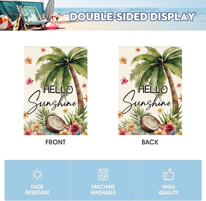 AVOIN colorlife Summer Tropical Palm Tree House Flag 28x40 Inch Double Sided Outside, Hello Sunshine Seasonal Burlap Yard Outdoor Decoration
