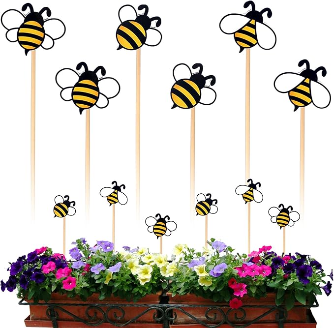 6 Pcs Bee Garden Stakes Yard Decor Wood Bee Yard Art Stakes Decorative Spring Vivid Plant Stick for Indoor Outdoor Plant Lawn Path Terrace Flower Pots Festival Party