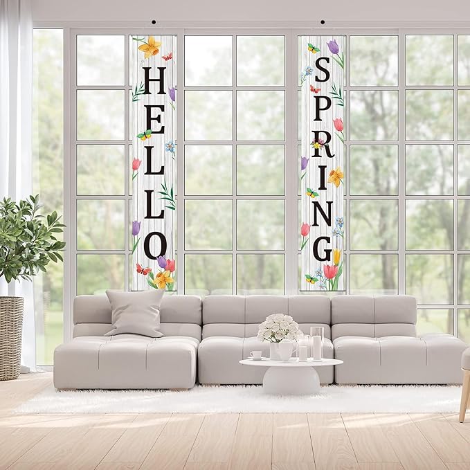 Hello Spring Porch Banner for Front Door Spring Door Banner Colorful Floral Green Leaves Porch Sign Hanging Flag Vintage Spring Decorations Seasonal For Yard Indoor Outdoor Decorations
