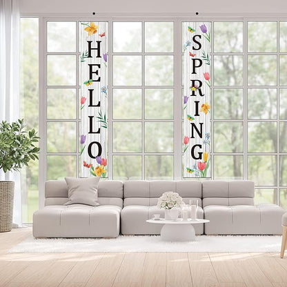 Hello Spring Porch Banner for Front Door Spring Door Banner Colorful Floral Green Leaves Porch Sign Hanging Flag Vintage Spring Decorations Seasonal For Yard Indoor Outdoor Decorations