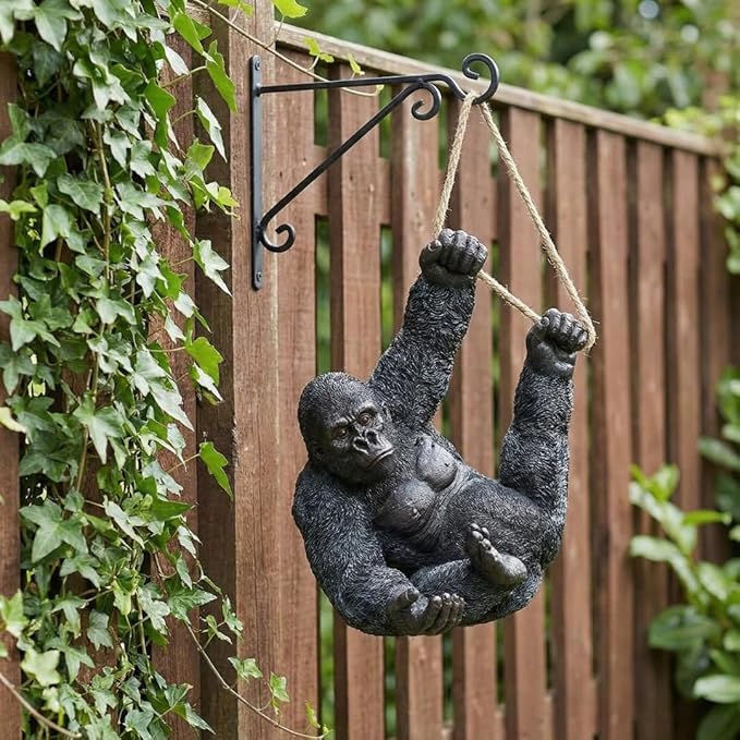 Hanging Gorilla Outdoor Decor, Resin Monkey Statue on Rope for Front Porch Patio Yard Tree Fence, Realistic Animal Garden Ornament for Outside Spaces, 26 in