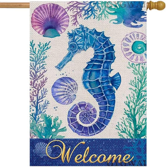 Seahorse Welcome Garden Flag 28x40 Inch Double Sided Outside, Summer Coastal Burlap Yard Flag Tropical Sea Holiday Seasonal Outdoor Decor
