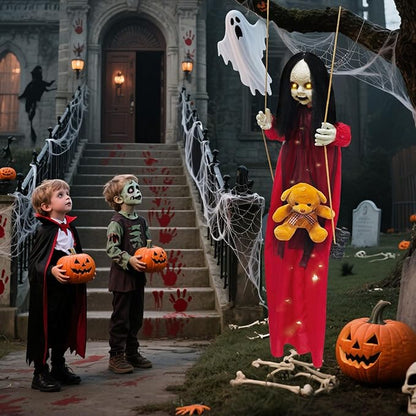 Outdoor Hanging Swinging Girl Halloween Decorations,Lighted Creepy Doll Halloween Dolls Scary Props for Garden Yard Lawn and Haunted House Decorations