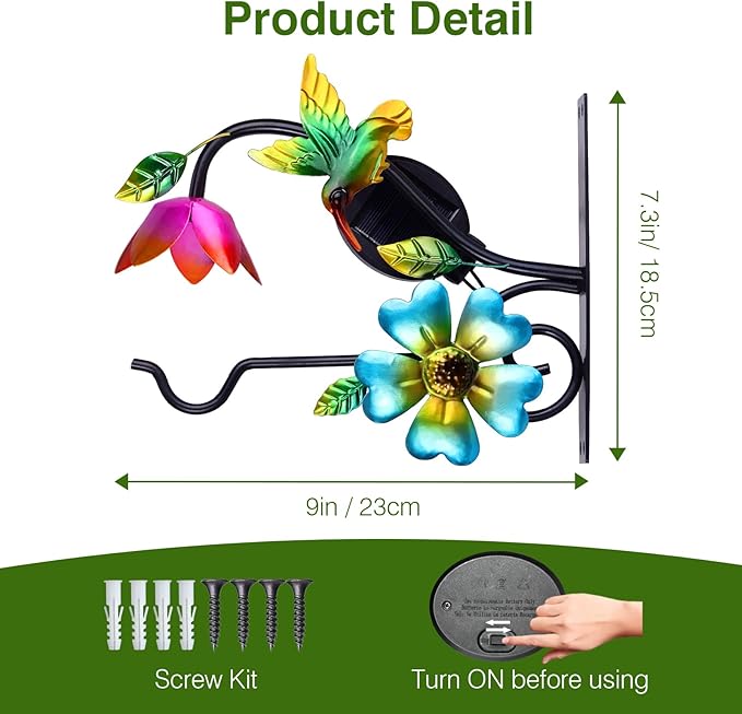 Lewondr Plant Hangers with Solar Light,9 Inch Metal Hanging Plant Bracket Outside,Hummingbird Plant Wall Hook Solar Lights Outdoor for Wall,Flower Basket,Bird Feeder,Lantern,Wind Chime,2 Pack