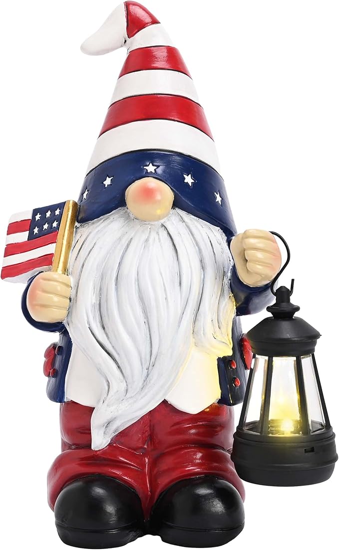 TERESA'S COLLECTIONS 4th of July Gnome Decorations with Solar Lantern, Memorial Day Decorations Resin Patriotic Garden Gnome Holding American Flag, USA 250th Anniversary Independence Day Gift 10"