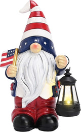 TERESA'S COLLECTIONS 4th of July Gnome Decorations with Solar Lantern, Memorial Day Decorations Resin Patriotic Garden Gnome Holding American Flag, USA 250th Anniversary Independence Day Gift 10"