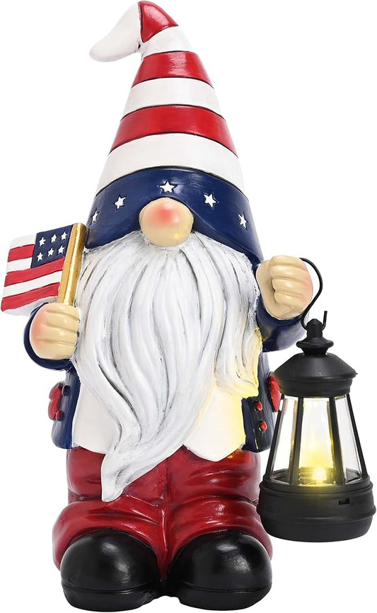 TERESA'S COLLECTIONS 4th of July Gnome Decorations with Solar Lantern, Memorial Day Decorations Resin Patriotic Garden Gnome Holding American Flag, USA 250th Anniversary Independence Day Gift 10"