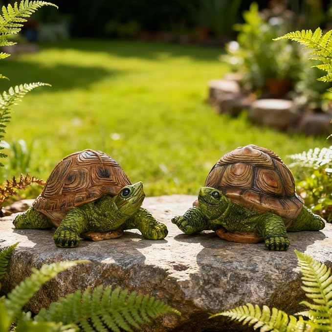 Garden Outdoor Turtle Statue, Resin Garden Sculptures Turtle Decor Realistic Tortoise Figurine for Outdoor Courtyard, Lawn Landscape, Pond,Festival and Birthday Gifts (Green-Right)
