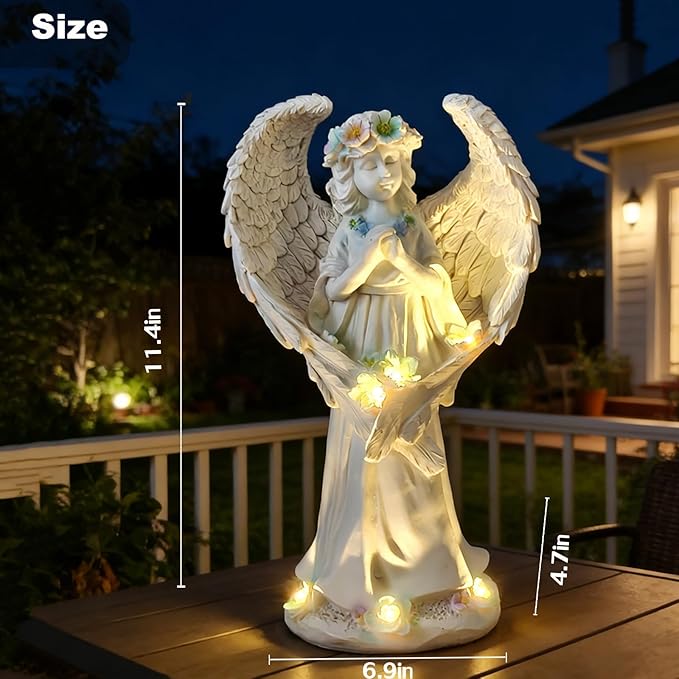 VEEKI Solar Angel Garden Statue Outdoor, Praying Angel Statues Solar Figurine Lights Outdoor Waterproof, Resin Angel Sculpture for Garden Yard Lawn Grave Cemetery Decor, Gift for Mom Grandma Women