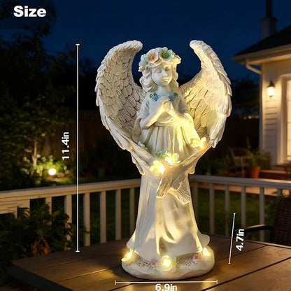 VEEKI Solar Angel Garden Statue Outdoor, Praying Angel Statues Solar Figurine Lights Outdoor Waterproof, Resin Angel Sculpture for Garden Yard Lawn Grave Cemetery Decor, Gift for Mom Grandma Women