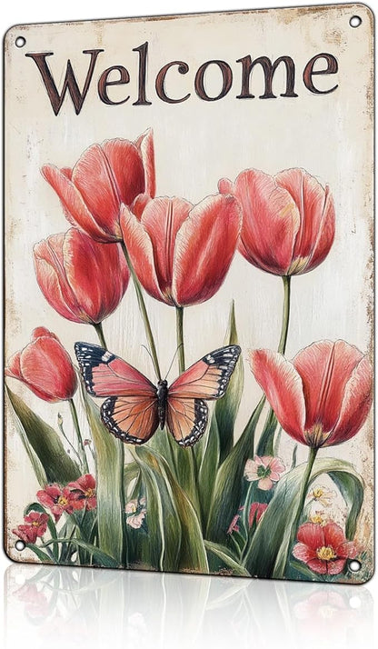 Funny Garden Decor Welcome Flowers And Butterfly Vintage Metal Signs Garden Tin Sign for Home Outdoor Wall Decor 12×16 Inch