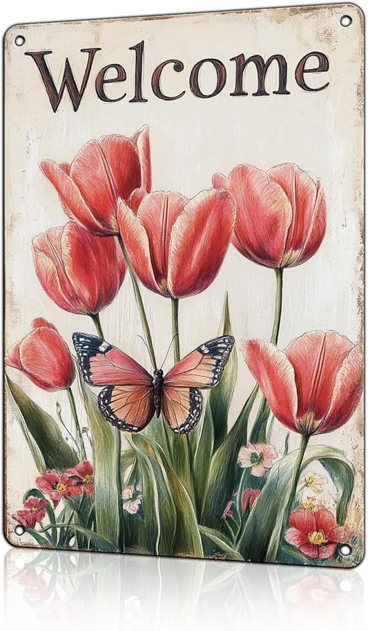 Funny Garden Decor Welcome Flowers And Butterfly Vintage Metal Signs Garden Tin Sign for Home Outdoor Wall Decor 12×16 Inch