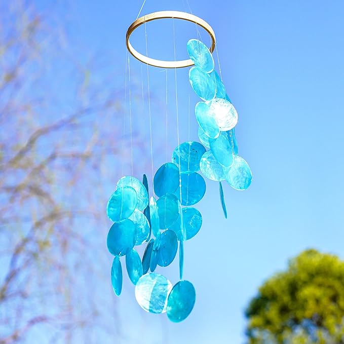 YUFENG Wind Chimes Outdoor Decor, 17'' Ocean Blue Capiz Shell Metal Windchime for Outside Garden Yard Home, Soothing Sound Decorative Wind Bell Memorial Ornament for Christmas Tree Gift