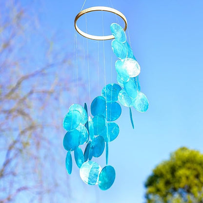 YUFENG Wind Chimes Outdoor Decor, 17'' Ocean Blue Capiz Shell Metal Windchime for Outside Garden Yard Home, Soothing Sound Decorative Wind Bell Memorial Ornament for Christmas Tree Gift