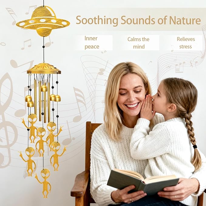 Alien Wind Chimes for Outside - Aliens UFO Windchimes Gifts for Men/Women/Dad/Grandpa Birthday Gift Memorial Gift Metal Wind Chime for Outdoor/Indoors Home, Porch, Yard Decor, Garden Decorations