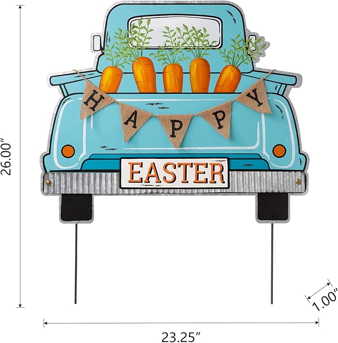 Glitzhome 26"H Easter Metal Truck Yard Stake Standing Lawn Garden Patio Outdoor Sign Wall Decor