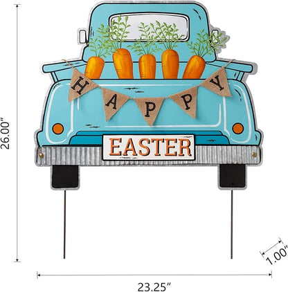 Glitzhome 26"H Easter Metal Truck Yard Stake Standing Lawn Garden Patio Outdoor Sign Wall Decor