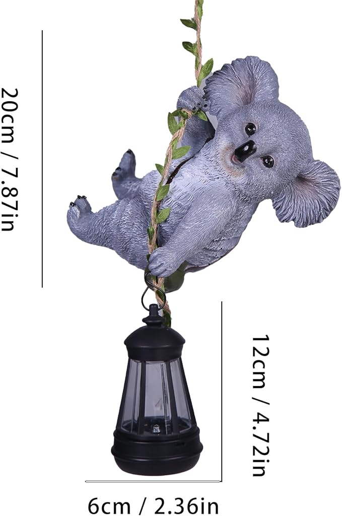 Decorative Koala Tree Climber with Solar Lantern, Gray Resin Garden Statue, Outdoor Hanging Animal Light