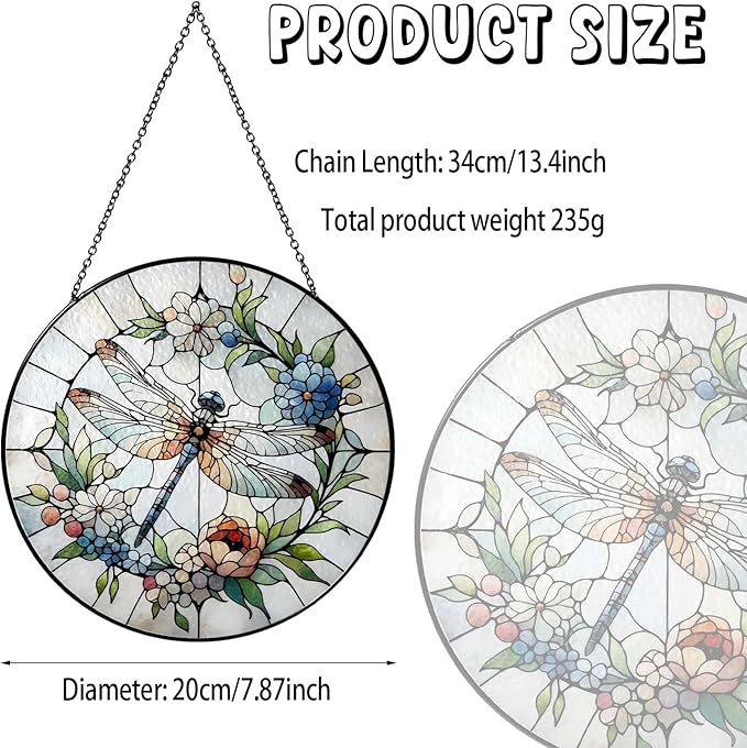 Dragonfly Suncatcher for Window, 7.8” Stained Glass Sun Catcher Hanging Decor, Dragonfly Gifts for Women, Colorful Indoor Window Hanging Ornament for Home Garden Housewarming