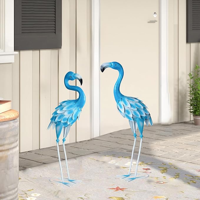 Set of 2 Metal Flamingo Garden Statues, Yard Flamingo Outdoor Decor for Lawn Patio Garden Backyard Display (Blue)
