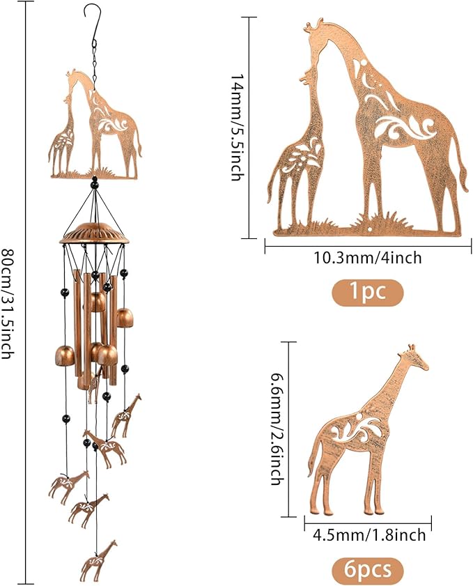ORIGACH Giraffe Wind Chimes for Outside Giraffe Memorial Gifts Metal Windchimes Indoor Outdoor Home Decor for Garden, Lawn, Patio, Porch, Yard