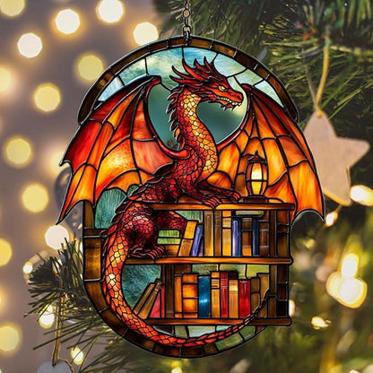 Books and Dragon Acrylic Suncatcher Stained Glass Effect Window Car Hanging Christmas Ornament Indoor Outdoor Decor Garden Sun Catcher Panel for Book Lover for Women Mom Grandma