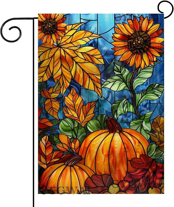 Fall Pumpkin Garden Flag for Outside 12x18 Inch Double Sided Stained Glass Burlap Autumn Thanksgiving Yard Flags for Farmhouse Rustic Holiday Decorations
