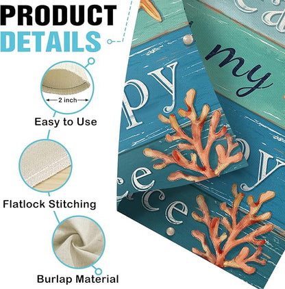Dyrenson Summer The Beach is My Happy Place Decorative Garden Flag, Blue Coastal Starfish Farmhouse Yard Outside Home Decoration, Coral Pearl Nautical Rustic Outdoor Small Decor Double Sided 12 x 18