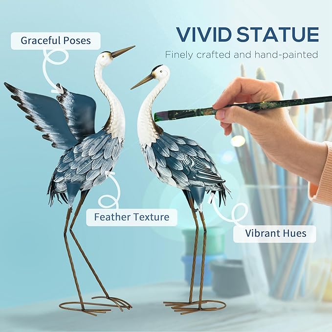 Outsunny Heron Garden Statues, 29" & 27.5" Standing Bird Sculptures, Metal Yard Art Decor for Lawn, Patio, Backyard, Landscape Decoration Set of 2, Blue & White