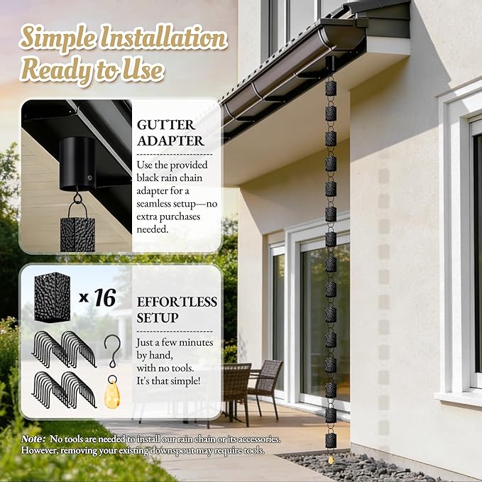 Rain Chains for Gutters Outside 8.5FT Black Rain Catcher Chain with Adapter 16 Cups Decorative Replacement for Downspout