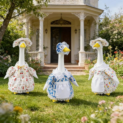 Spring Summer Porch Goose Outfit Set for 23'' Lawn Goose Statue,Strawberry Floral Goose Outfit Lace Sun Hat & Dress Clothes,for Garden Yard Decor (Strawberry Skirt)
