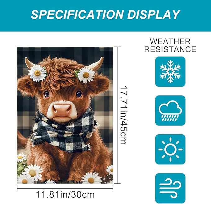 BlissYard Highland Cow Garden Flag 12x18 Inch Double Sided Plaid Daisy Yard Flags Floral Cow Farmhouse Flag Adorable Farm Animal Outdoor Decoration for Seasonal Summer Spring Yard Decor