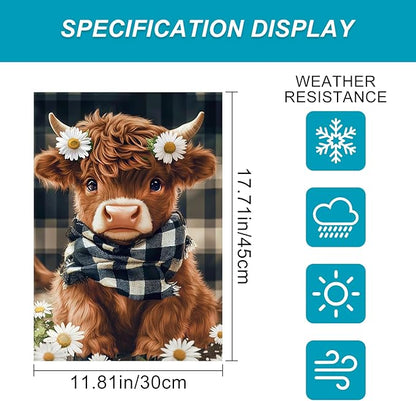 BlissYard Highland Cow Garden Flag 12x18 Inch Double Sided Plaid Daisy Yard Flags Floral Cow Farmhouse Flag Adorable Farm Animal Outdoor Decoration for Seasonal Summer Spring Yard Decor