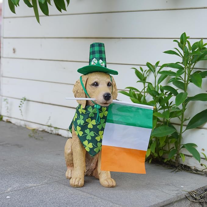 Dog Statues Lawn Decorations - Large Pet Figurines Garden Decor Golden Retriever Leprechaun Statue for Outside Patio Yard Decorations Outdoor Puppy St Patricks Day Gift for Woman 11x5.5x13 inch