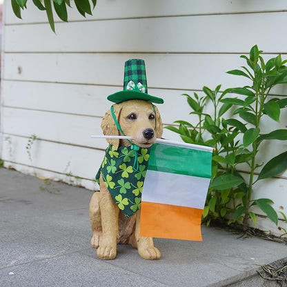 Dog Statues Lawn Decorations - Large Pet Figurines Garden Decor Golden Retriever Leprechaun Statue for Outside Patio Yard Decorations Outdoor Puppy St Patricks Day Gift for Woman 11x5.5x13 inch