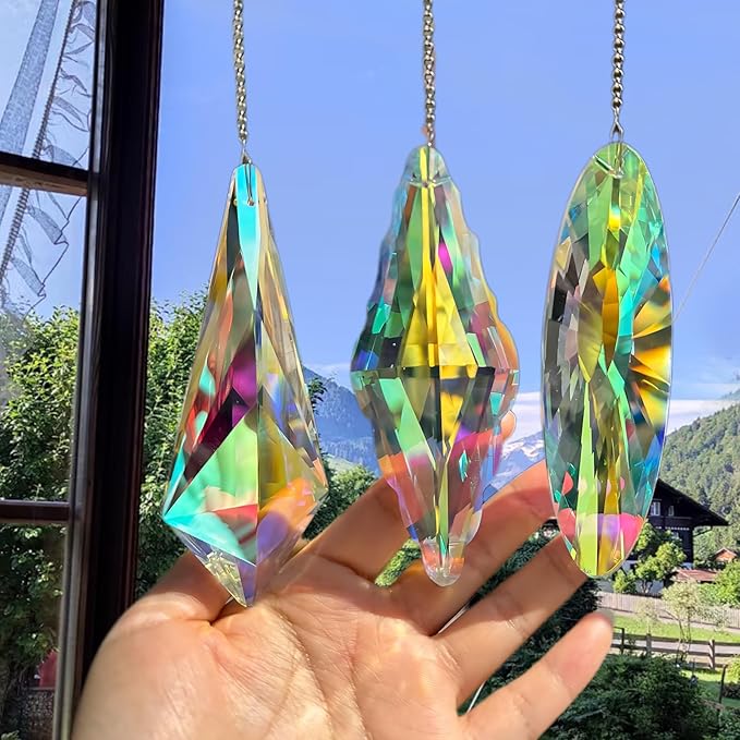 3PCS 5" Large Crystal Sun Catcher Prisms - Hanging Crystals for Window Prisms Suncatcher Indoor Window Rainbow Maker Glass Prism, Perfect for Meditation & Home Decor
