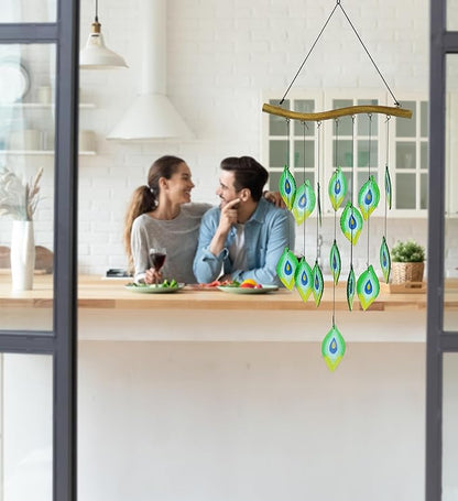 CoTa Global Peacock Feathers Wind Chime - Handmade Glass and Metal Chime - Wild Life Hanging Decor - Colorful Home Decor Gift, Indoor and Outdoor Hanging Decoration for Porch, Patio, Garden - 31 Inch