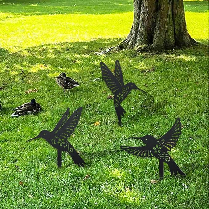 WADORN 3 Styles Hummingbirds Metal Decorative Garden Stakes, Funny Hummingbirds Flowers Metal Silhouette Statues Animal Garden Ornament Gifts Black Yard Art Decoration for Outdoor Backyard Patio Lawn