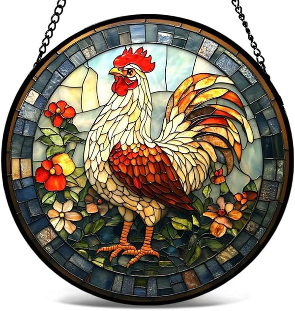 Stained Glass Window Hanging - The Golden Rooster Stared Ahead 6.3 Inches Suncatcher for Garden Home Decor for Women Mon Grandma Friends