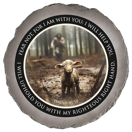 Magnolia Garden 10-Inch Isaiah 41:10 Fear Not Decorative Stepping Stone – The Good Shepherd & Lamb Resin Garden Tile – Religious Scripture Outdoor Accent