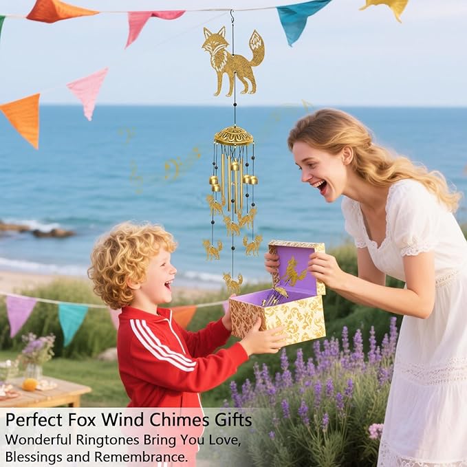 Fox Wind Chimes for Outside, Large Outdoor Metal Foxes Soothing Tones Memorial Windchime with S Hook Indoors Home Patio Garden Yard Decor, Unique Birthday Festival Housewarming Gifts for Women Men