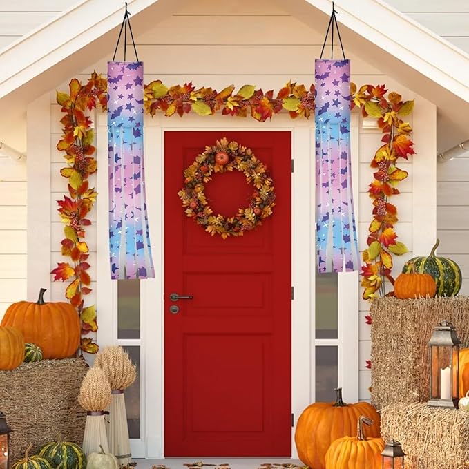 Halloween Bats Stars Windsock Hanging Flag Durable Fabric Polyester Wind Sock with Tails Patio Lawn Garden Tree Party Fall Thanksgiving Decoration